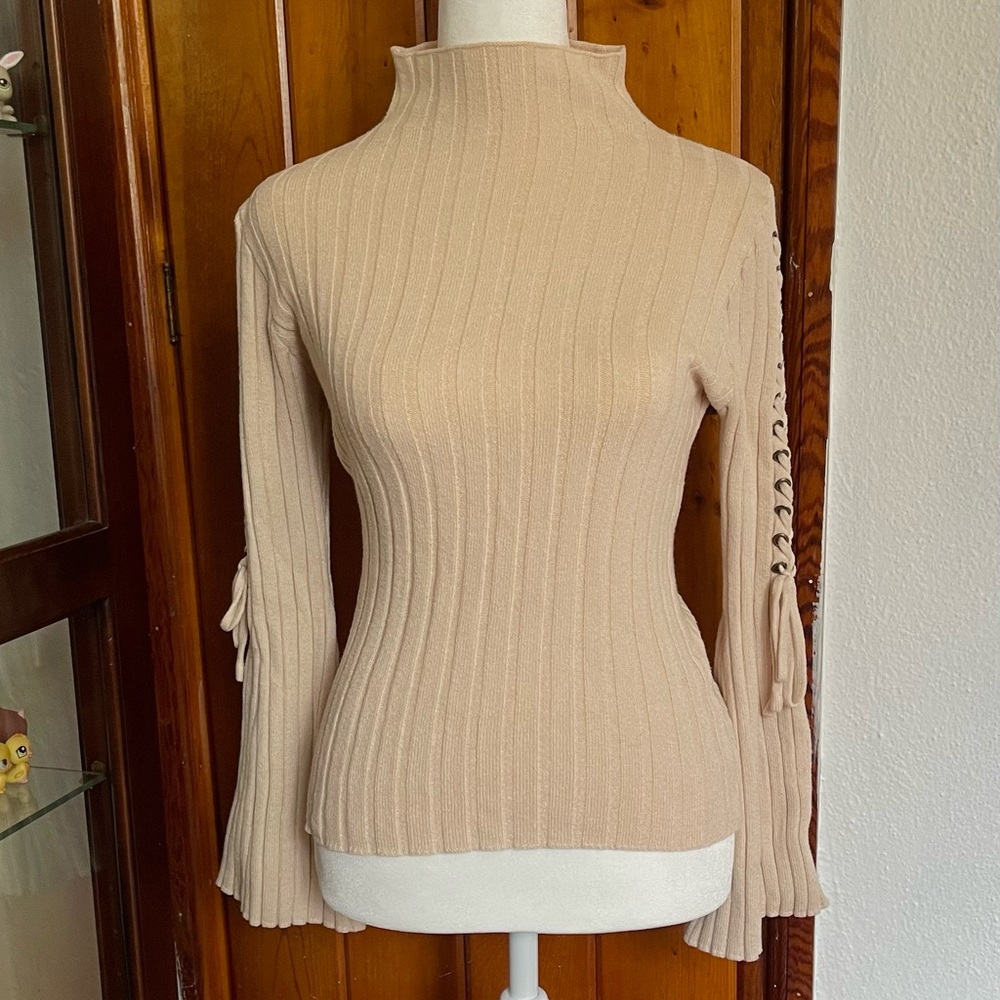 Ribbed Mock Neck Sweater with Lace-Up Bell Sleeves Size M